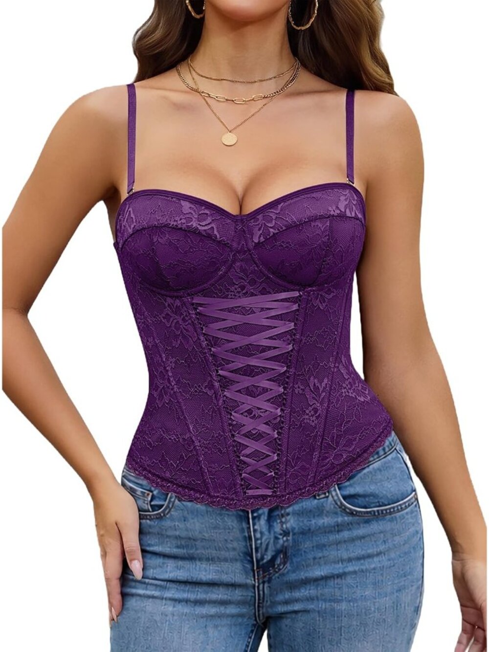 Women Purple Rows Hook Supportive Cup Bustier Lace Up Front Underwire Corset Top